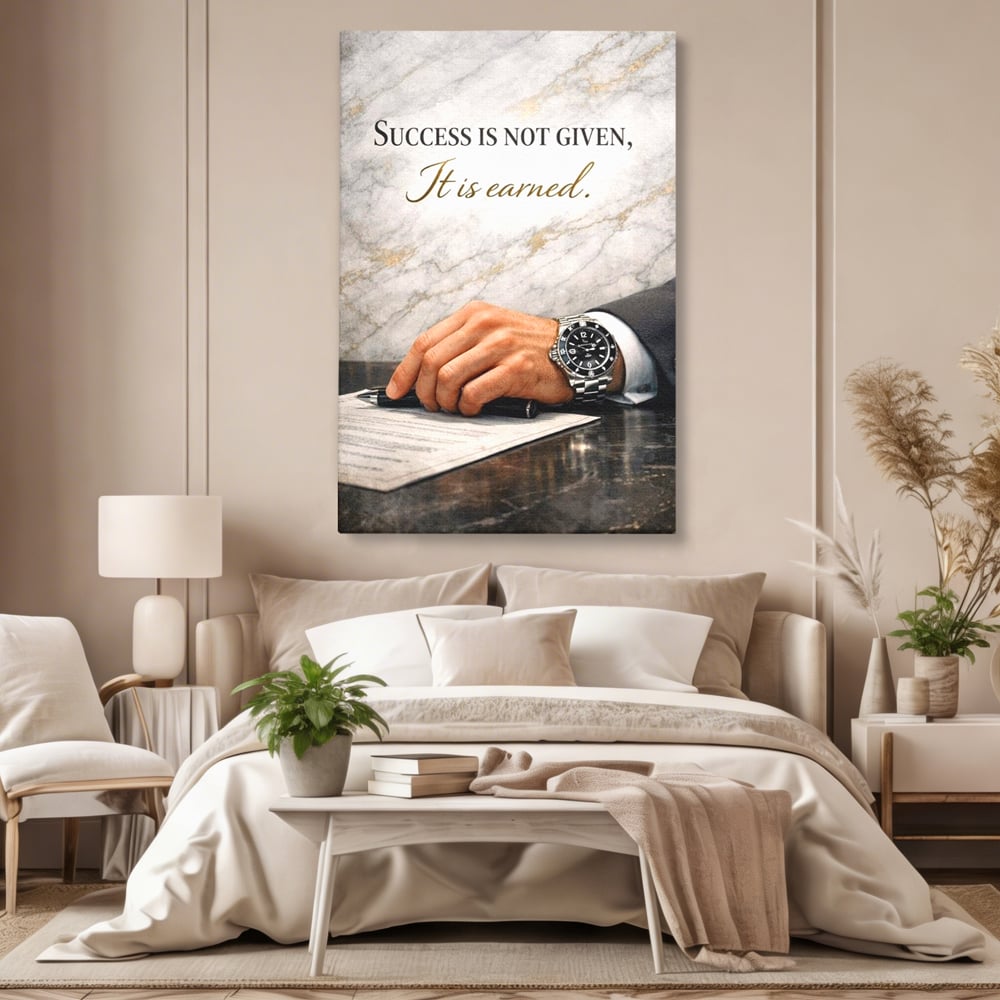 Tablou canvas cu tablou canvas cu citat motivational si mana cu ceas, fara rama, pe sasiu de lemn, pe perete intr-un dormitor
