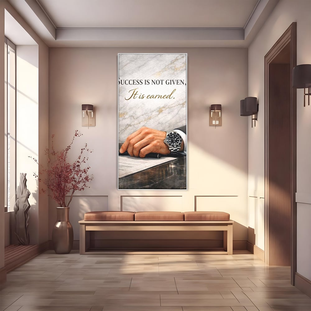 Tablou canvas cu tablou canvas cu citat motivational si mana cu ceas, in rama de aluminiu argintiu
