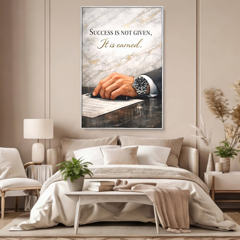 Tablou canvas cu tablou canvas cu citat motivational si mana cu ceas, in rama de aluminiu argintiu, pe perete intr-un dormitor
