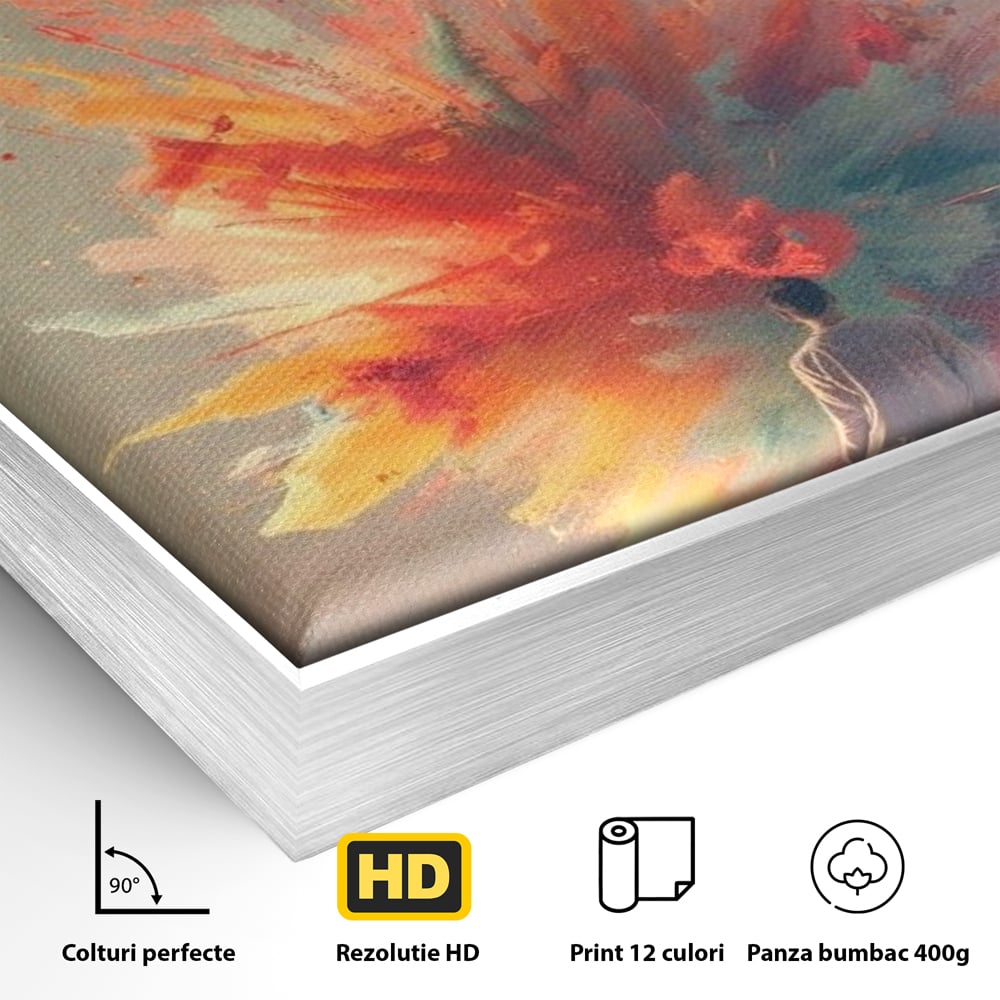 Detaliu al suprafetei: tablou canvas cu barbat privind o explozie de culoare dintr-o carte deschisa, in rama de aluminiu argintiu