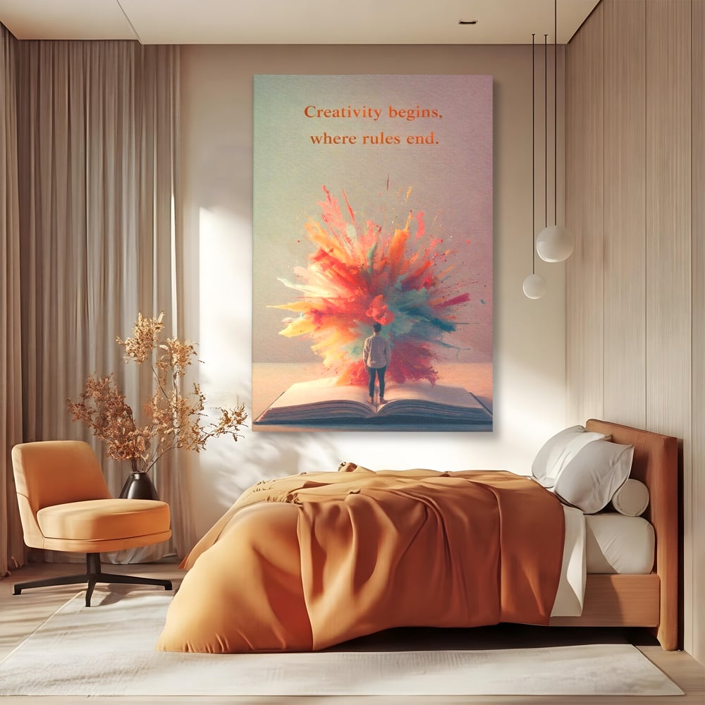 Tablou canvas cu tablou canvas cu barbat privind o explozie de culoare dintr-o carte deschisa, fara rama, pe sasiu de lemn, pe perete intr-un dormitor