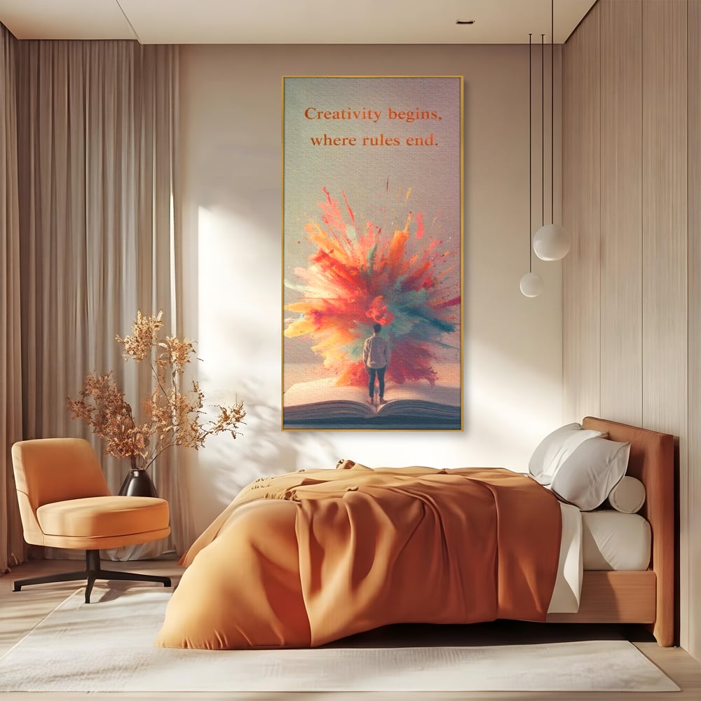 Tablou canvas cu tablou canvas cu barbat privind o explozie de culoare dintr-o carte deschisa, in rama de aluminiu auriu, pe perete intr-un dormitor