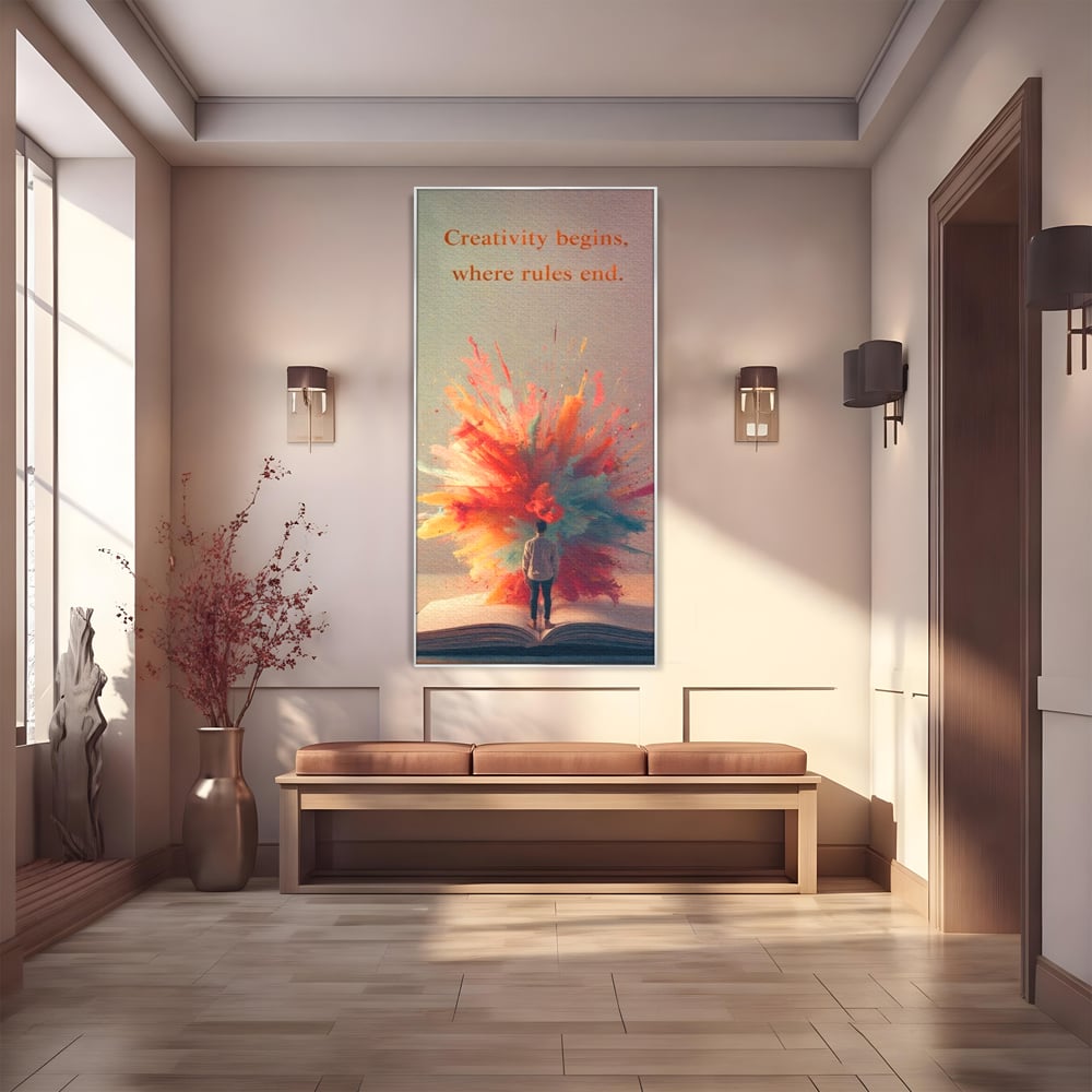 Tablou canvas cu tablou canvas cu barbat privind o explozie de culoare dintr-o carte deschisa, in rama de aluminiu argintiu