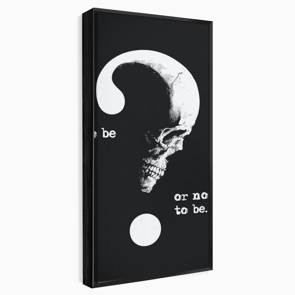 Tablou canvas cu tablou canvas cu craniu si semnul intrebarii, in rama de aluminiu negru