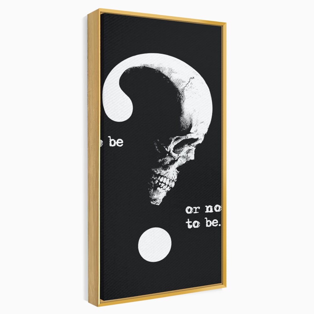 Tablou canvas cu tablou canvas cu craniu si semnul intrebarii, in rama de aluminiu auriu