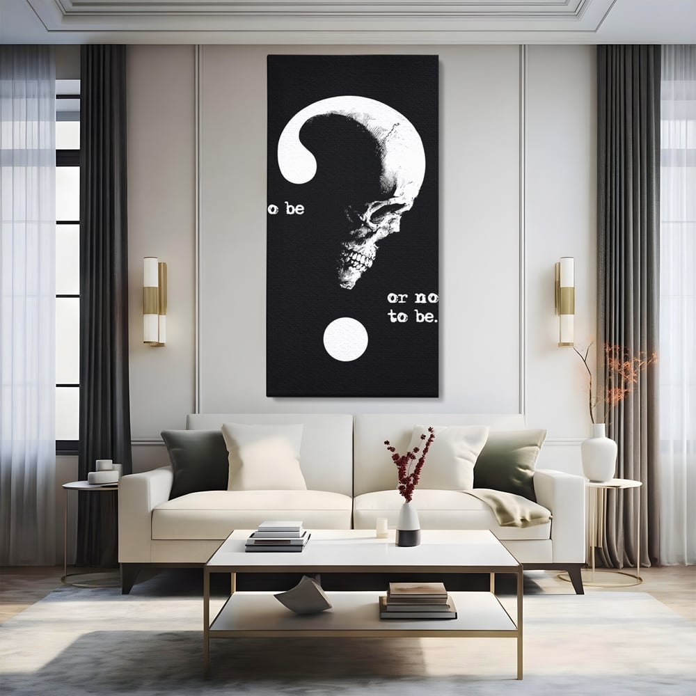 Tablou canvas cu tablou canvas cu craniu si semnul intrebarii, fara rama, pe sasiu de lemn, pe perete intr-un living