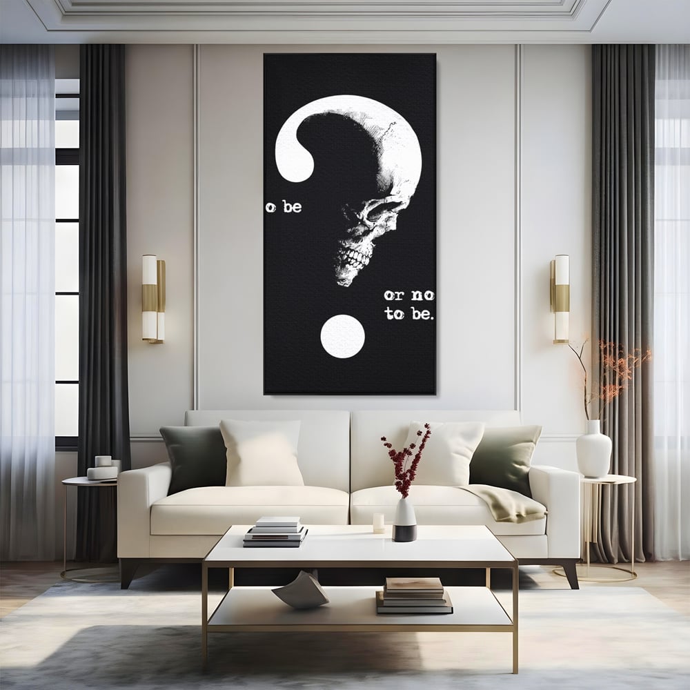 Tablou canvas cu tablou canvas cu craniu si semnul intrebarii, in rama de aluminiu negru, pe perete intr-un living