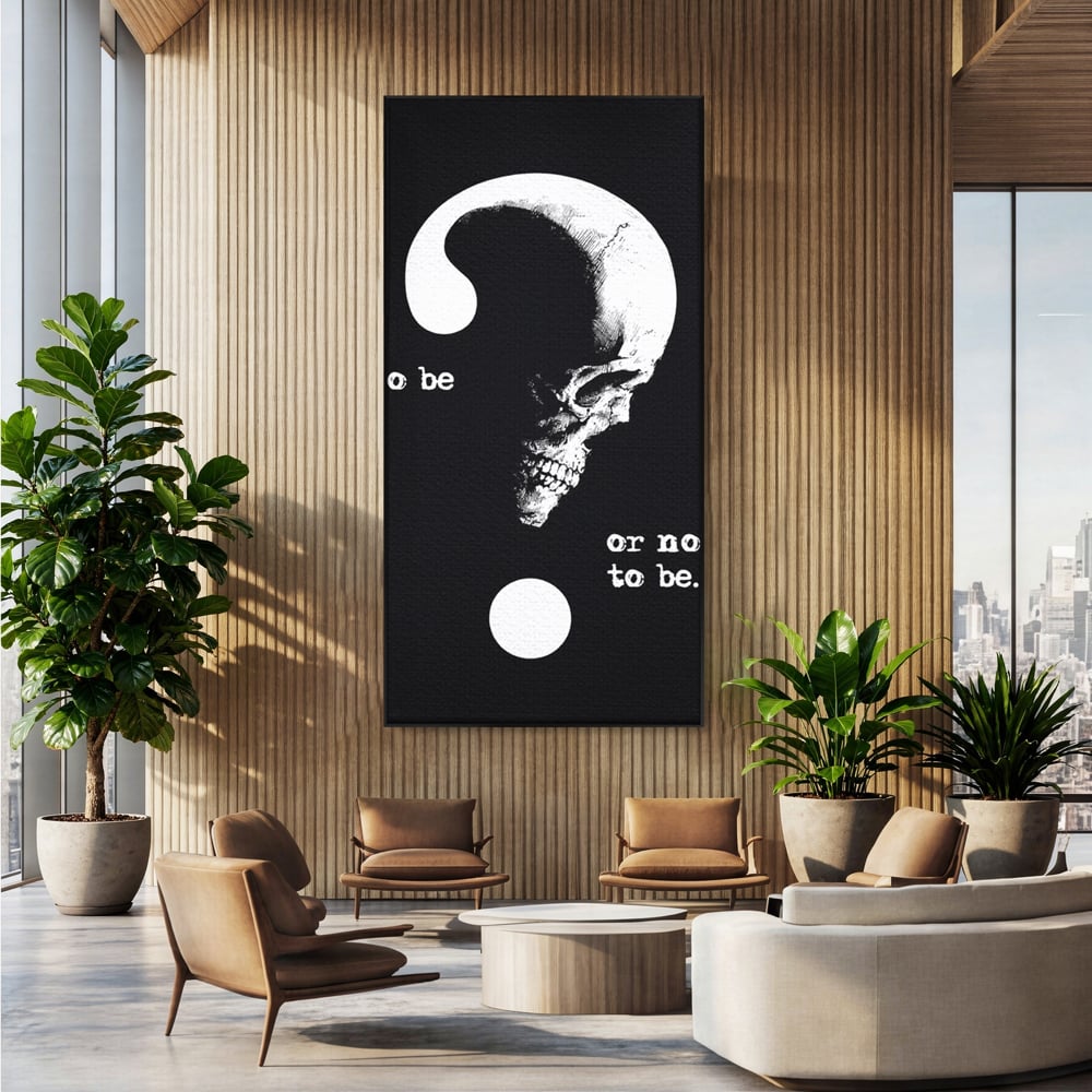 Tablou canvas cu tablou canvas cu craniu si semnul intrebarii, in rama de aluminiu negru, pe perete intr-un birou