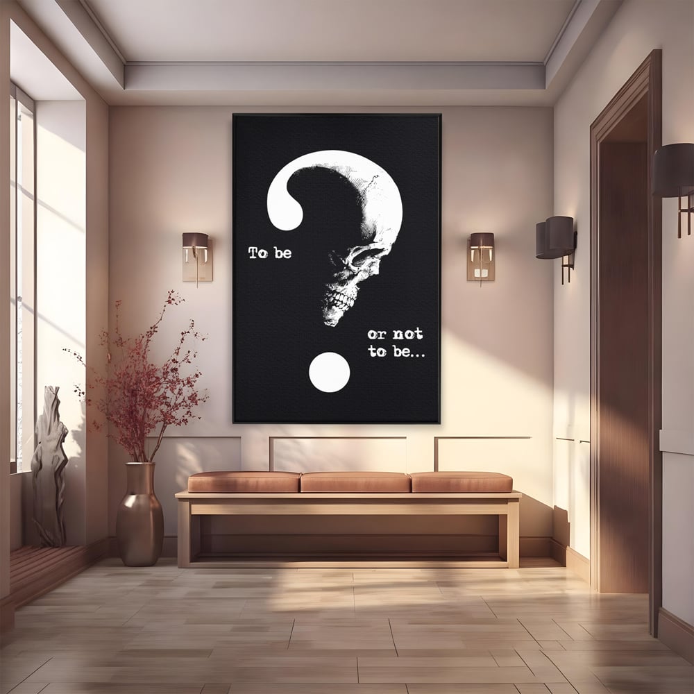 Tablou canvas cu tablou canvas cu craniu si semnul intrebarii, in rama de aluminiu negru