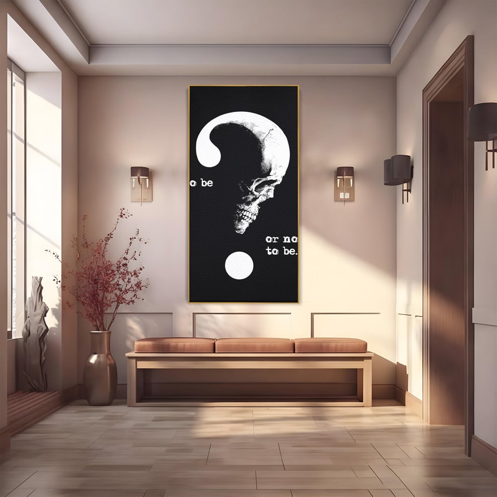 Tablou canvas cu tablou canvas cu craniu si semnul intrebarii, in rama de aluminiu auriu