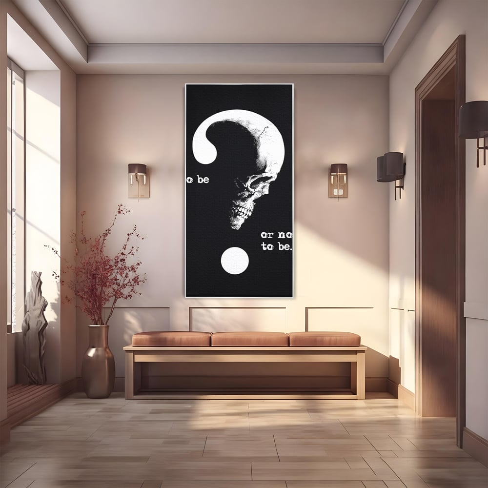 Tablou canvas cu tablou canvas cu craniu si semnul intrebarii, in rama de aluminiu argintiu