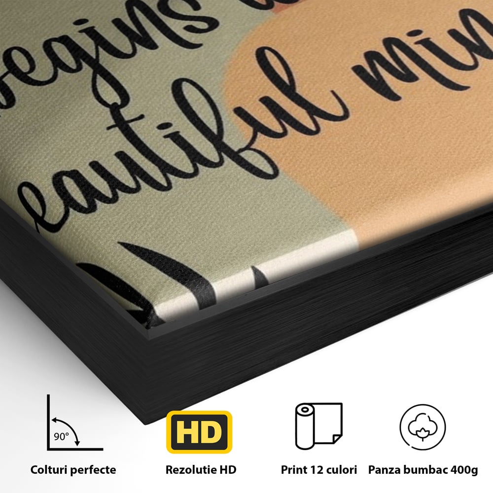 Detaliu al suprafetei: tablou canvas cu mesaj motivational abstract, in rama de aluminiu negru