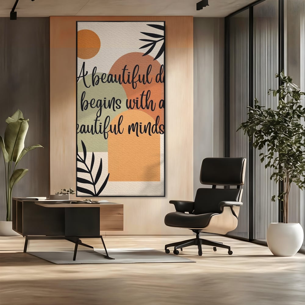 Tablou canvas cu tablou canvas cu mesaj motivational abstract, in rama de aluminiu negru, pe perete intr-un birou