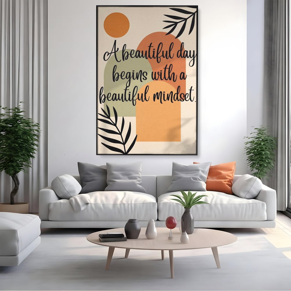 Tablou canvas cu tablou canvas cu mesaj motivational abstract, in rama de aluminiu negru, pe perete intr-un living