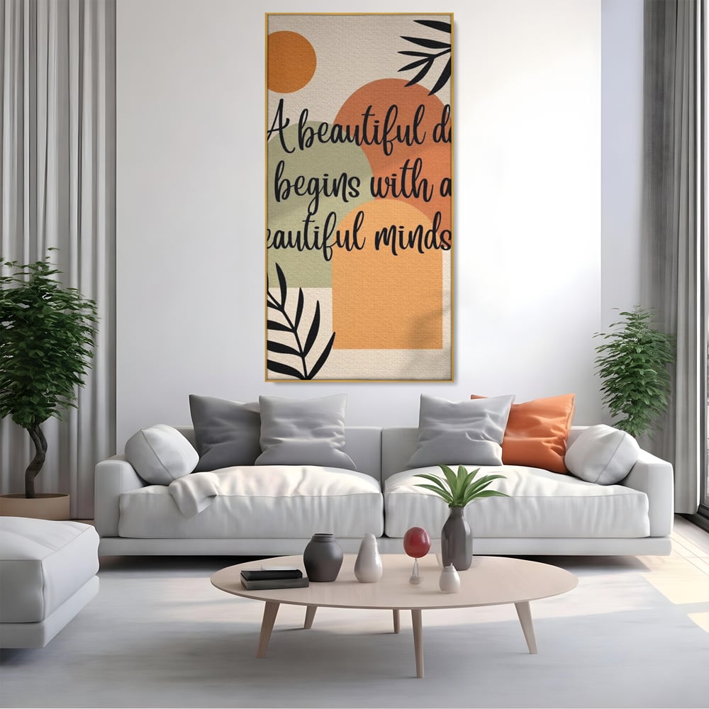 Tablou canvas cu tablou canvas cu mesaj motivational abstract, in rama de aluminiu auriu, pe perete intr-un living