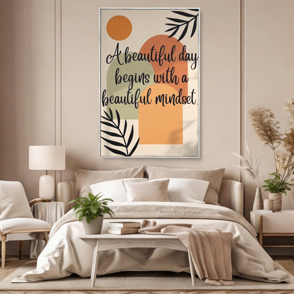 Tablou canvas cu tablou canvas cu mesaj motivational abstract, in rama de aluminiu argintiu, pe perete intr-un dormitor