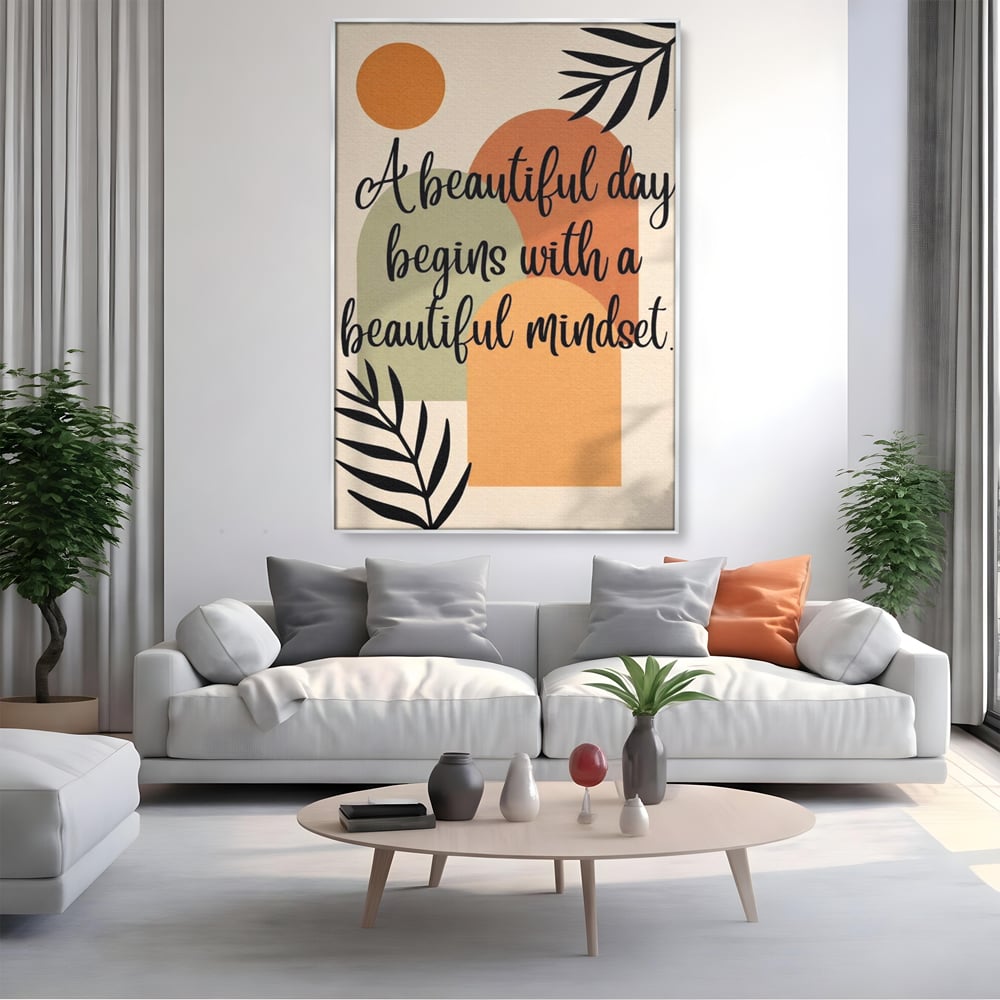 Tablou canvas cu tablou canvas cu mesaj motivational abstract, in rama de aluminiu argintiu, pe perete intr-un living