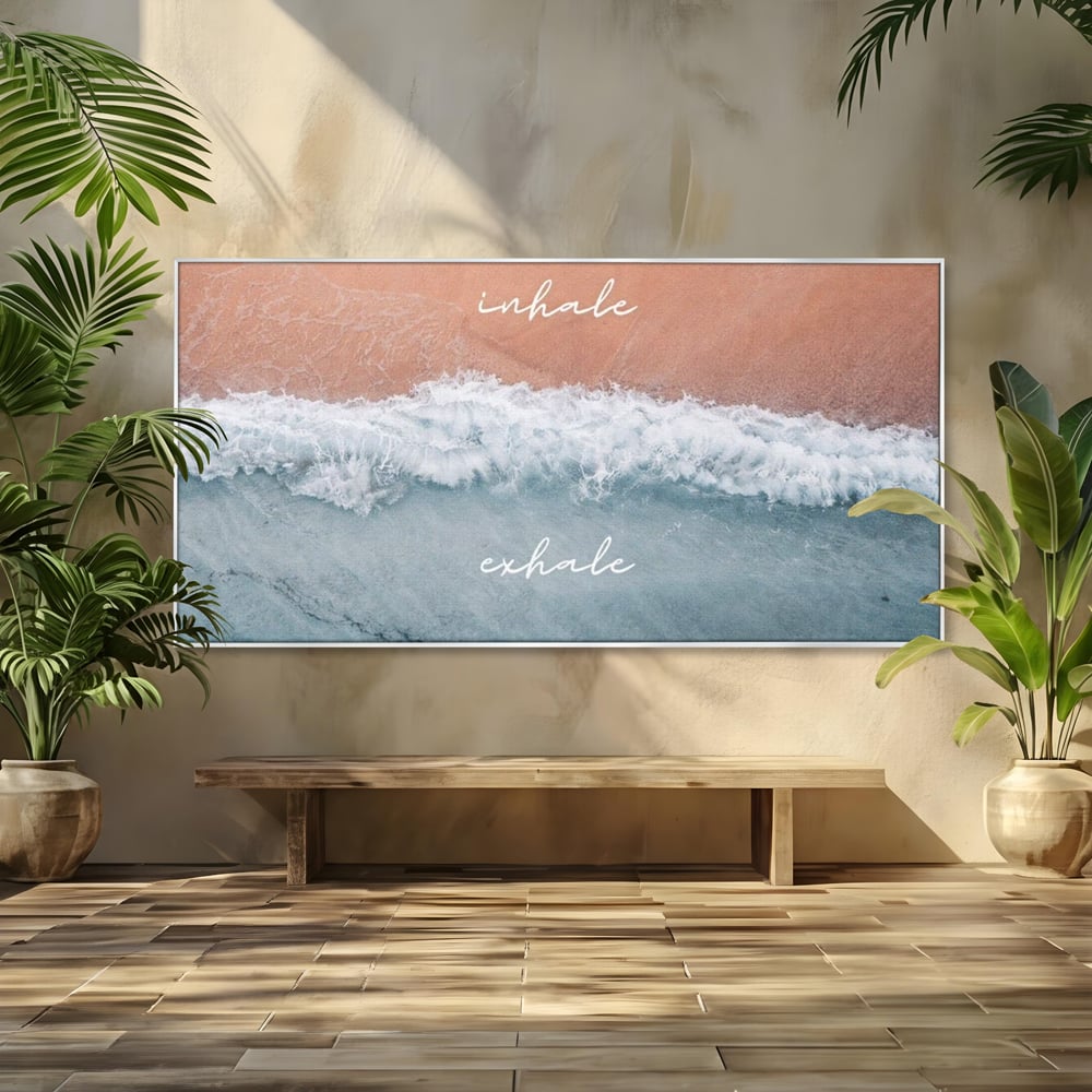 Tablou canvas cu tablou canvas cu plaja si valuri, in rama de aluminiu argintiu