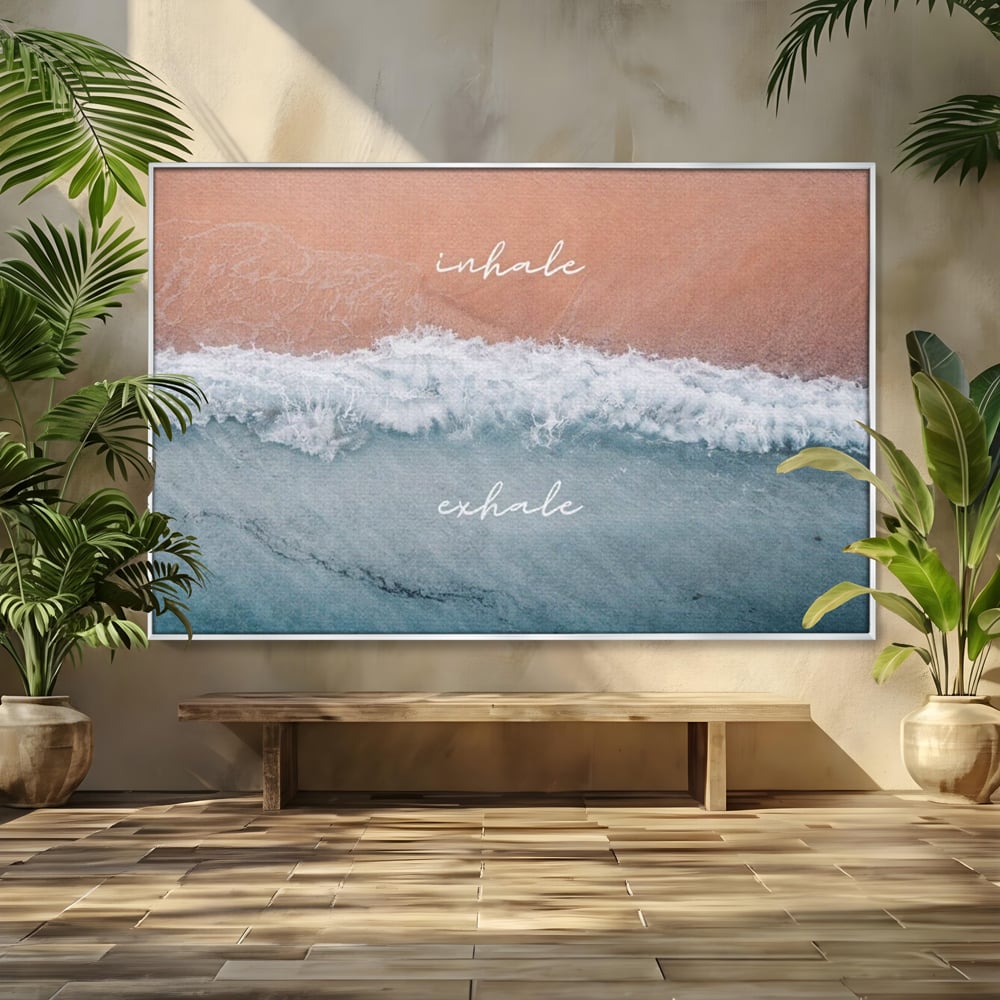 Tablou canvas cu tablou canvas cu plaja si valuri, in rama de aluminiu argintiu