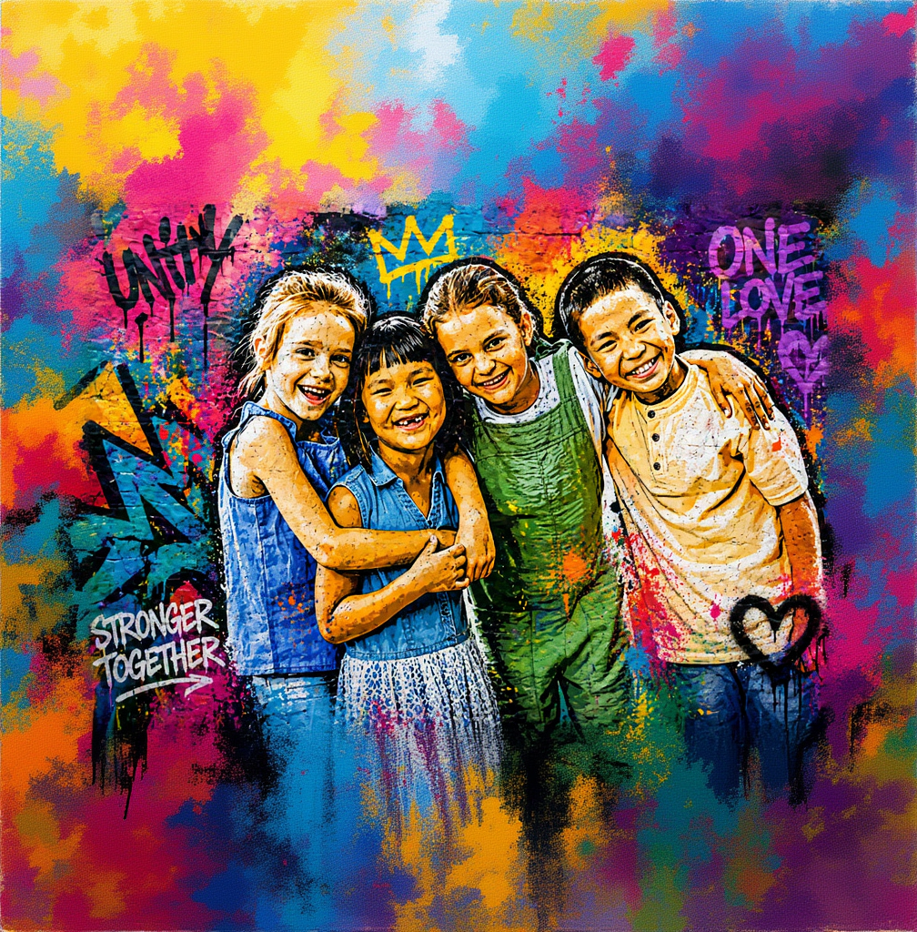 Tablou canvas cu tablou graffiti cu patru tineri zambitori