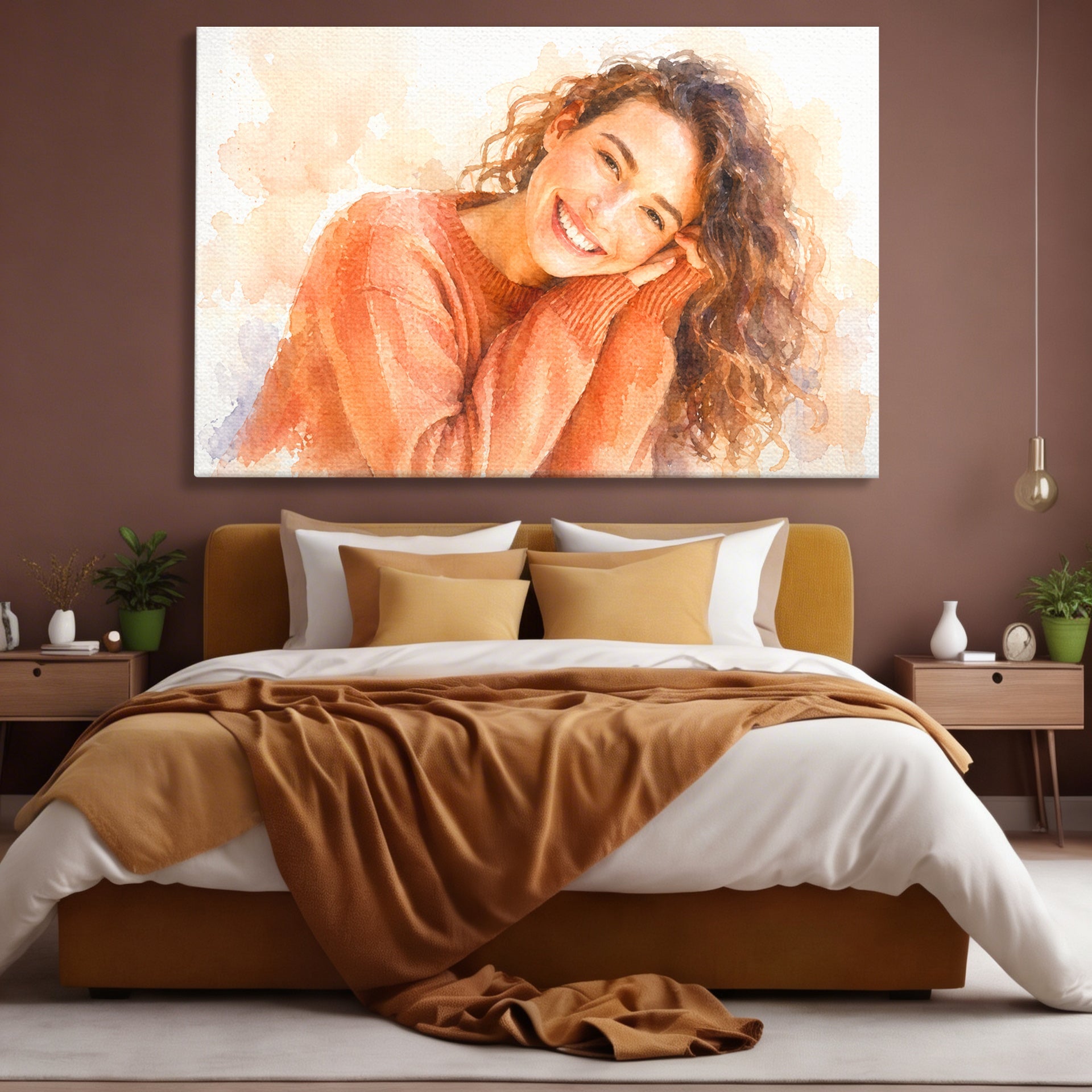 Tablou canvas cu tablou personalizat acuarela femeie zambitoare, pe perete intr-un dormitor