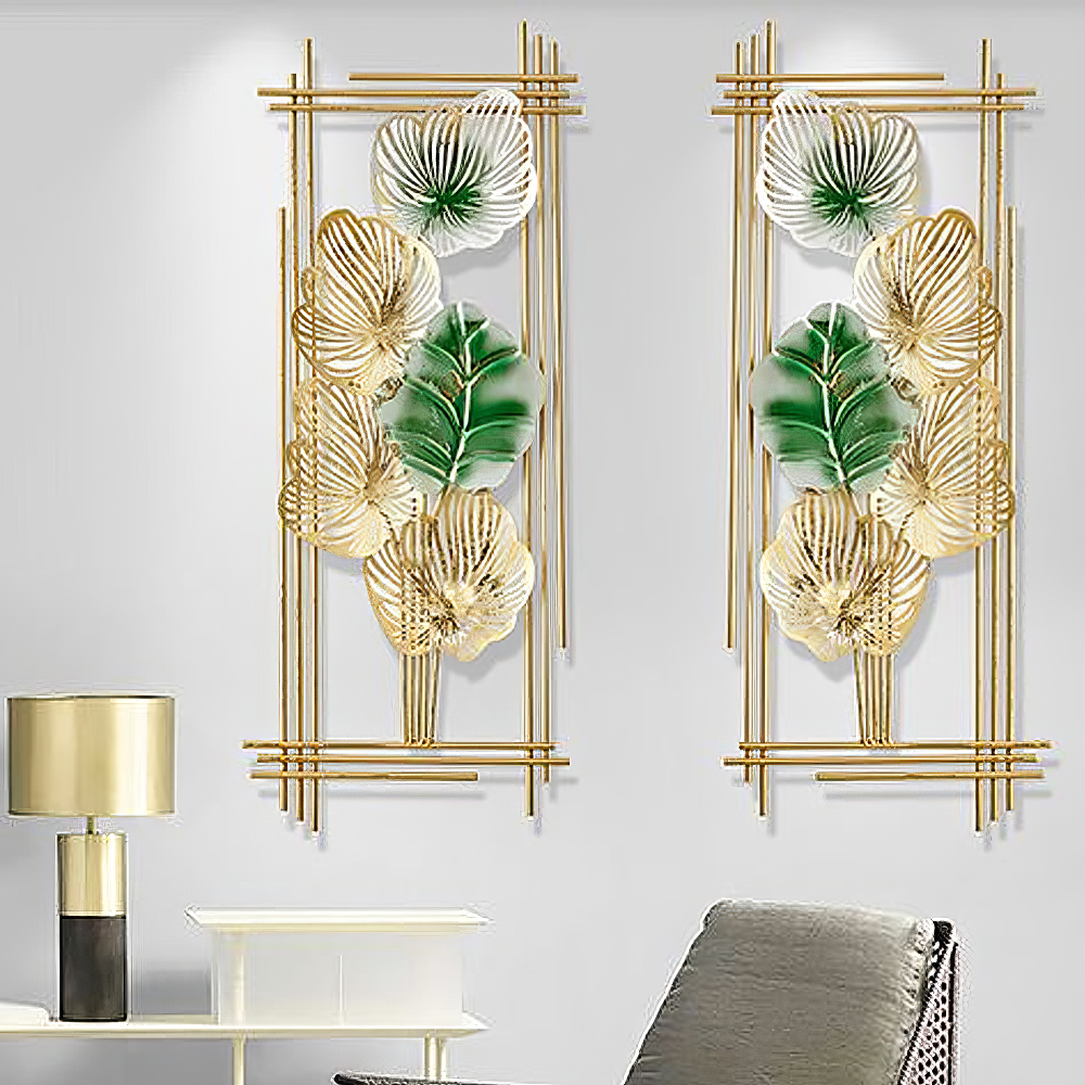 Set 2 Decoratiuni Metalice de Perete LuxCanva® Emerald Leaf Frame A2004, din Metal, Verticale, Auriu, Verde, Dimensiune Mare 37 × 86 × 3.5 cm