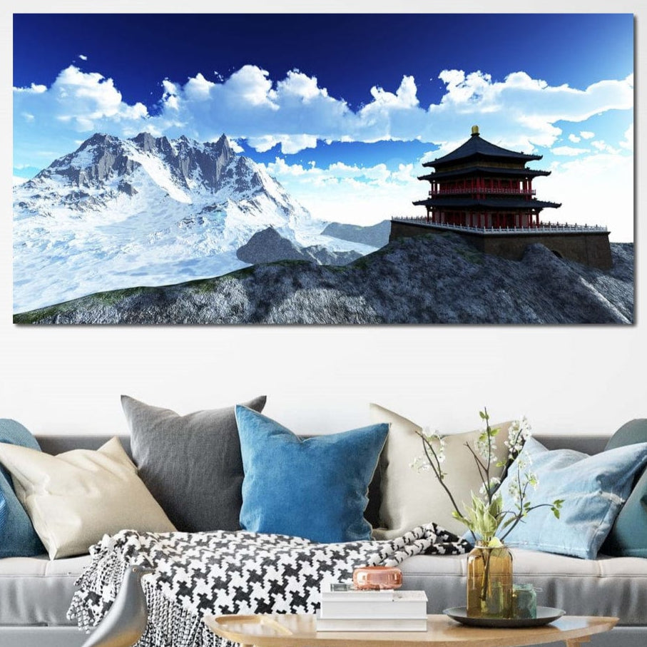 Tablou Canvas Premium, LuxCanva® O1045, Armonie in Himalaya, Templu, Munti, Inzapezit, Cer, Pamant, Orient, Pace, Varf, Mister, Spiritualitate, Asia, Pagoda, Sacru, Nori, Birou, Living, Dormitor