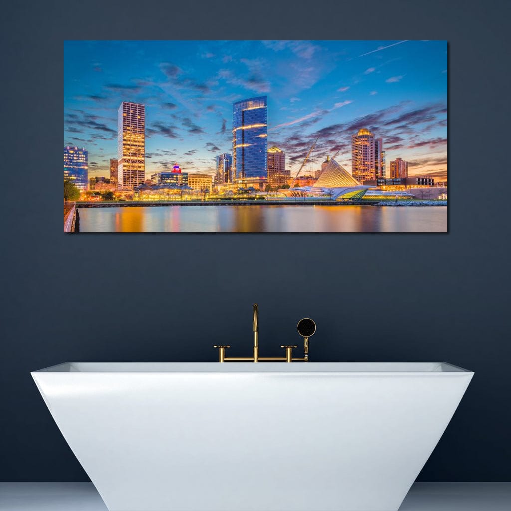 Tablou Canvas Premium, LuxCanva® O1057, Orasul care Straluceste, Lumini, Urban, Milwaukee, Nori, Metropola, Apis, Apa, Panorama, Vibratie, Orizont, Tablou, Plimbare, Birou, Living, Dormitor