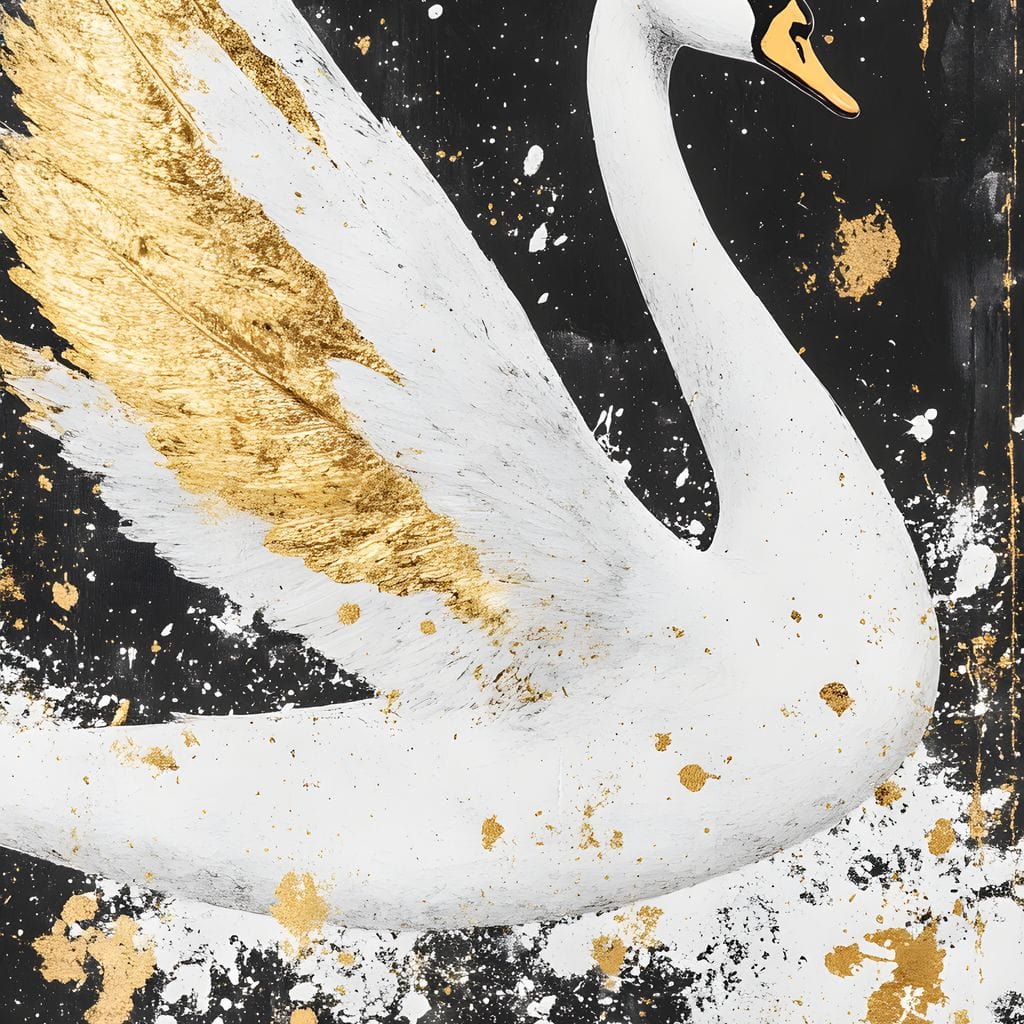 tablou canvas cu o lebada alba pe fundal negru decorativ si detalii aurii