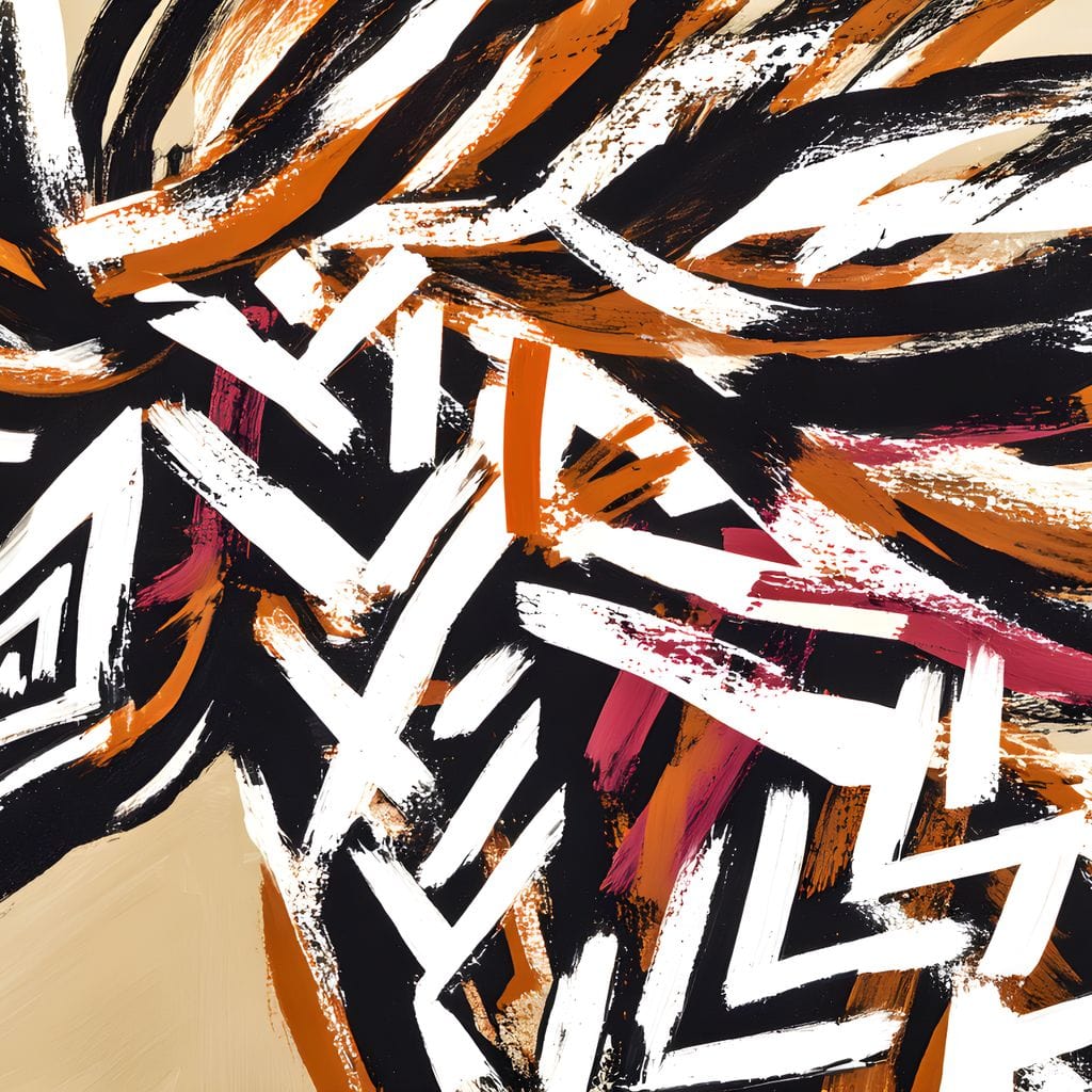 tablou canvas cu un cal negru, pictat in dungi albe si portocalii, pe fundal bej