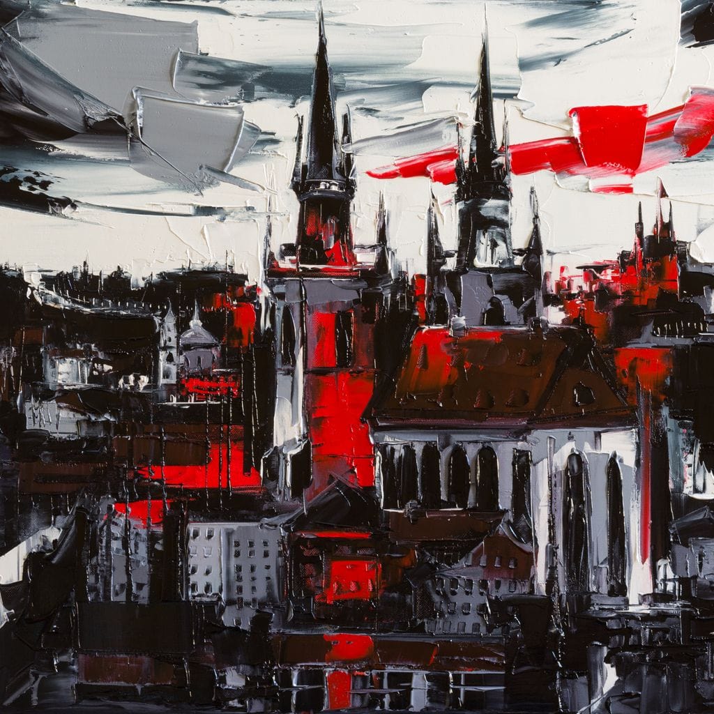 Tablou Canvas Premium, LuxCanva® O1013, Orasul Gotic, Medieval, Flacari, Negru, Rosu, Gri, Turle, Urban, Ziduri, Vechi, Umbre, Catedrala, Piatra, Contrast, Dramatic, Atmosfera, Birou, Living, Dormitor