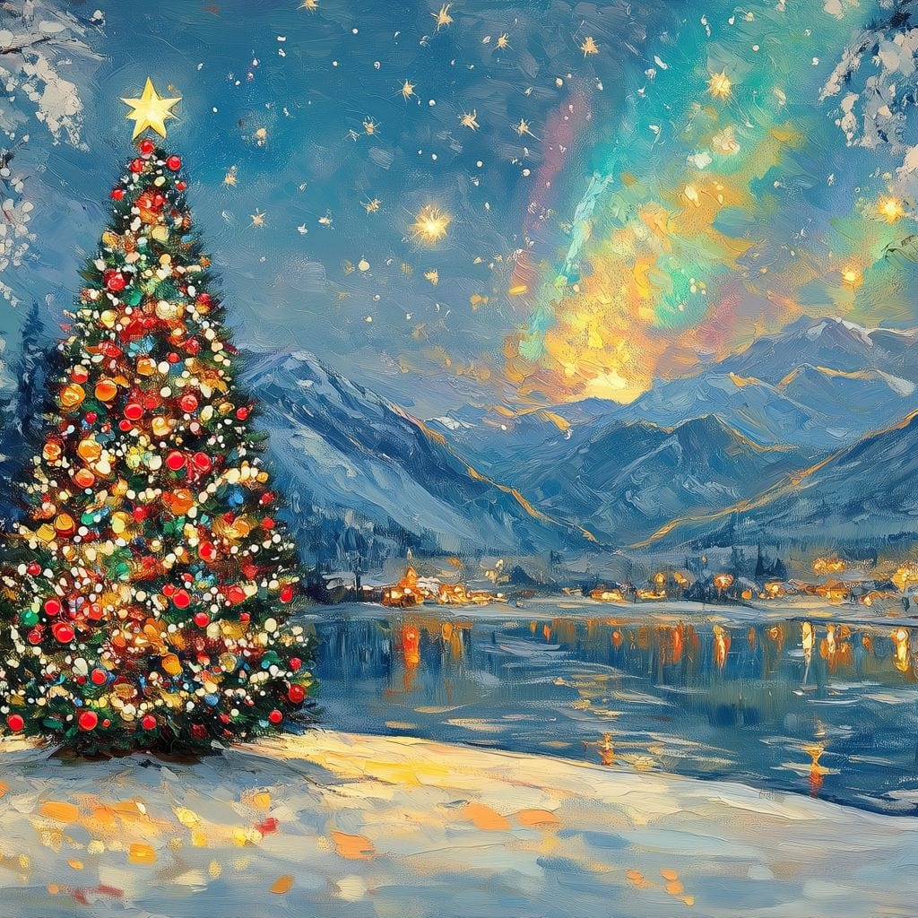 Tablou Canvas Premium LuxCanva® D1018, Luminile Magice ale Craciunului ,  Brad, Beculete, Lac, Sat, Stralucire, Living Room, Culori vibrante