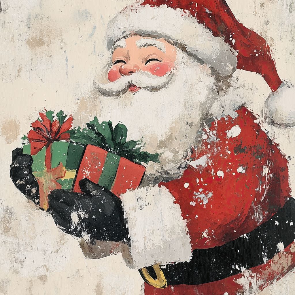 Tablou Canvas Premium LuxCanva® D1055, Mos Craciun si Darurile Copiilor , Costum, Ambalaje, Funde, Curea, Caciula, Living Room, Culori vibrante