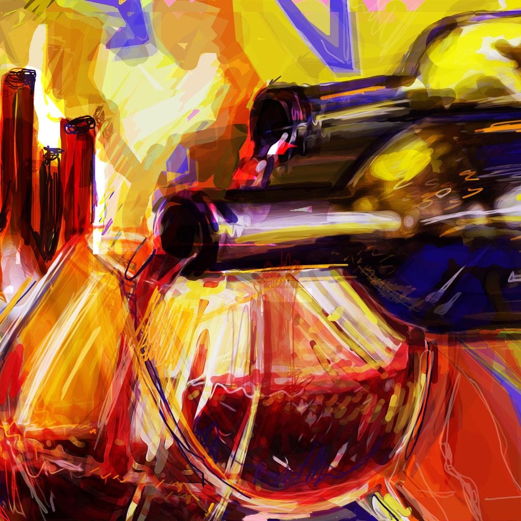 tablou canvas cu sticle de vin si pahare cu vin rosu, pictate multicolor in stil abstract 