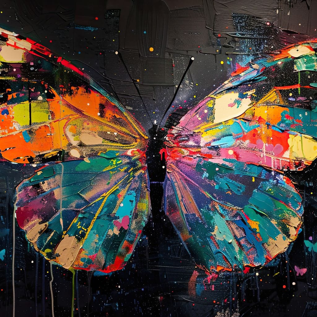 tablou canvas cu un fluture urias multicolor pe fundal negru stil graffiti, inconjurat de fluturi mici si colorati