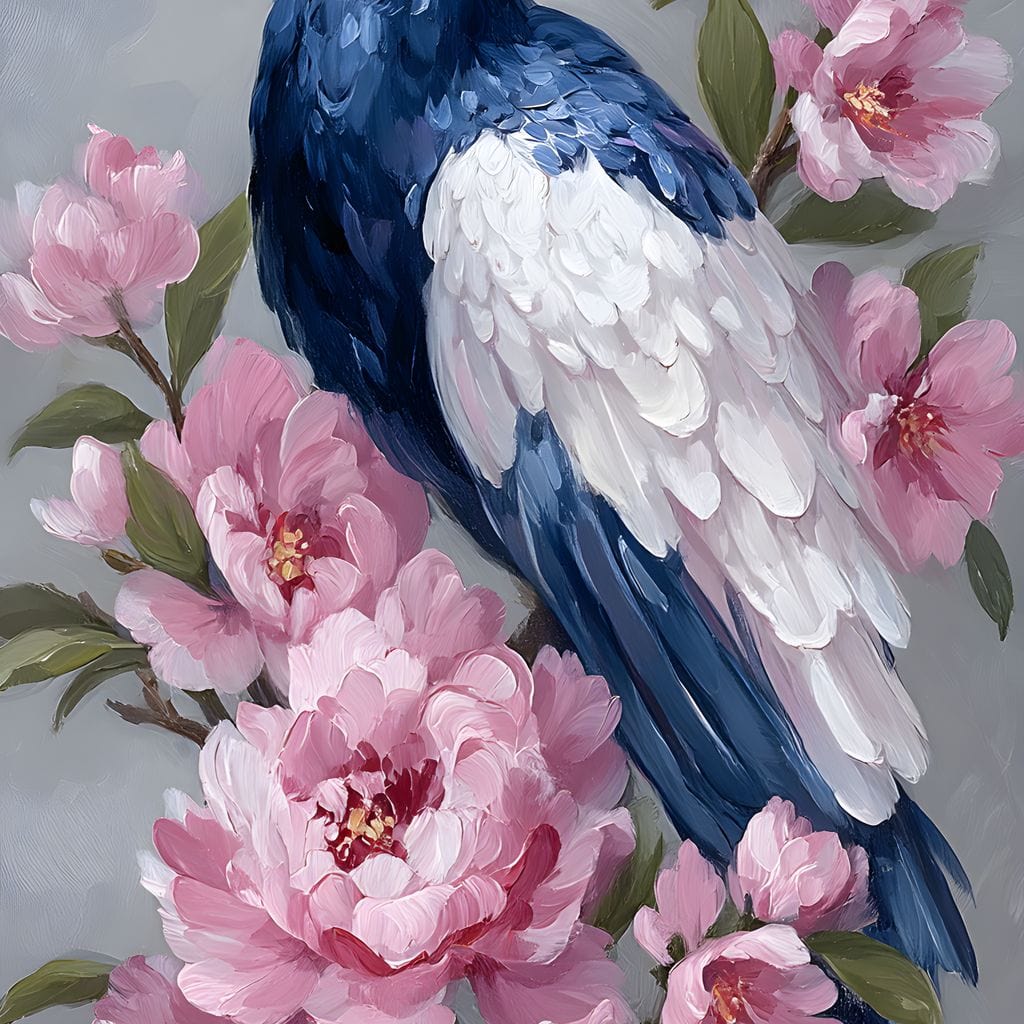 tablou canvas cu un paun elegant in nuante de albastru si alb, inconjurat de bujori roz, pe fundal simplu si romantic