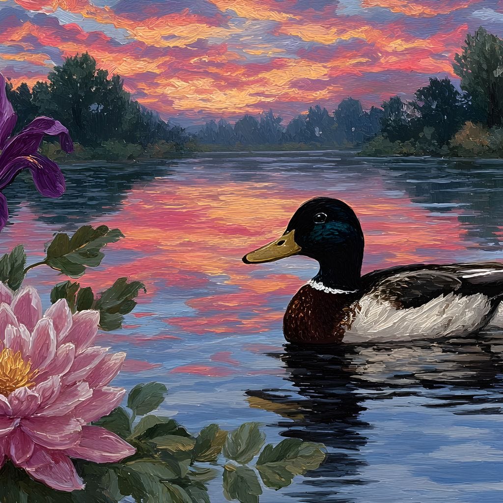 tablou canvas cu o rata plutind pe lac la apus, inconjurata de irisi mov si nuferi roz, pe fundal in stil pictural 