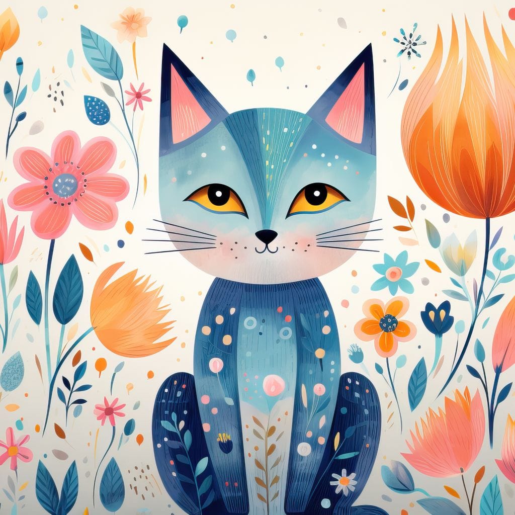 Tablou Canvas Premium, LuxCanva® K1012, Miau Printre Petale, Mustati, Urechi, Pisicesc, Zambet, Soare, Magie, Gradina, Pastelata, Decor, Fundal, Floral, Felina, Camera Copii