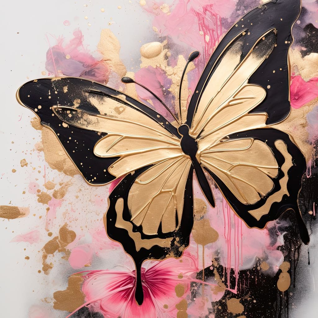 tablou canvas cu un fluture auriu cu contur negru, pe fundal abstract deschis cu pete de culoare roz, negru si auriu