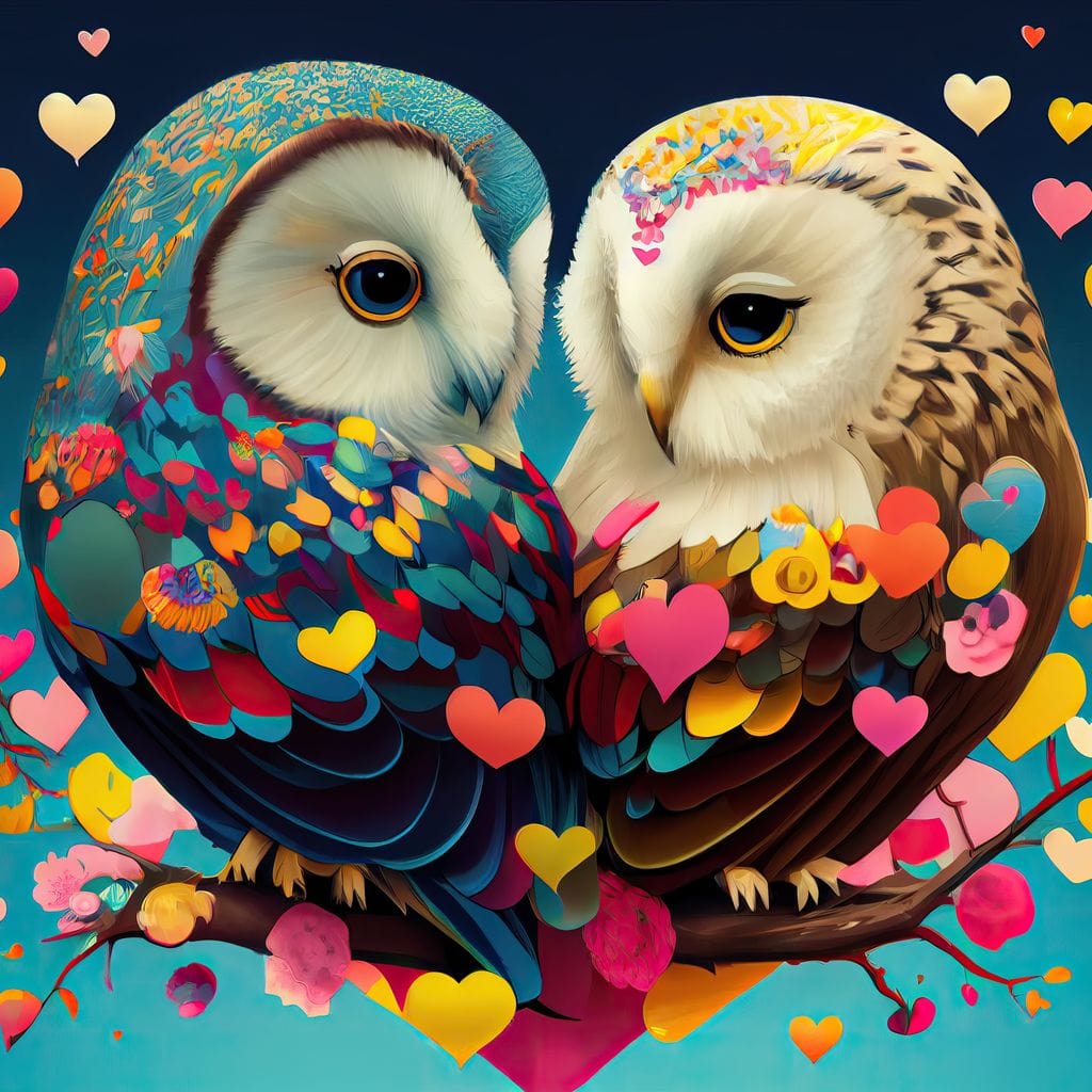 Tablou Canvas Premium LuxCanva® E1022, Bufnitele Iubirii, Bufnite, Conexiune, Iubire, Armonie, Inimi, Living Room, Culori vibrante