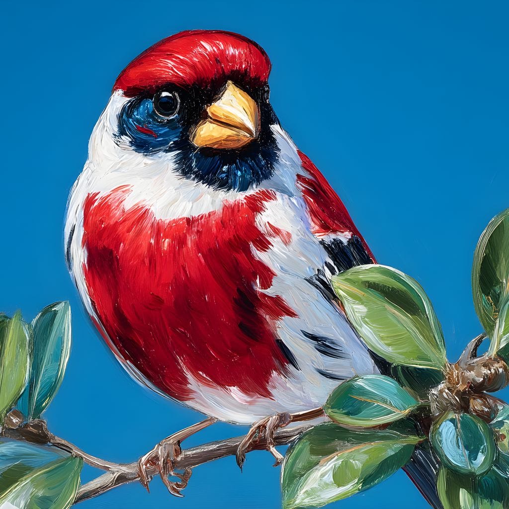 tablou canvas cu o pasare rosie cu accente albe si negre, asezata pe o ramura cu frunze verzi pe fundal de cer senin