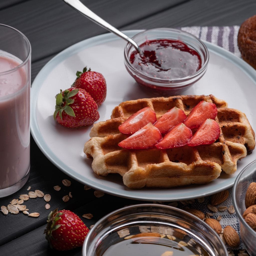 tablou canvas cu un mic dejun dulce, cu o vafa si capsuni, o briosa, migdale si un milkshake, pe o masa de lemn neagra