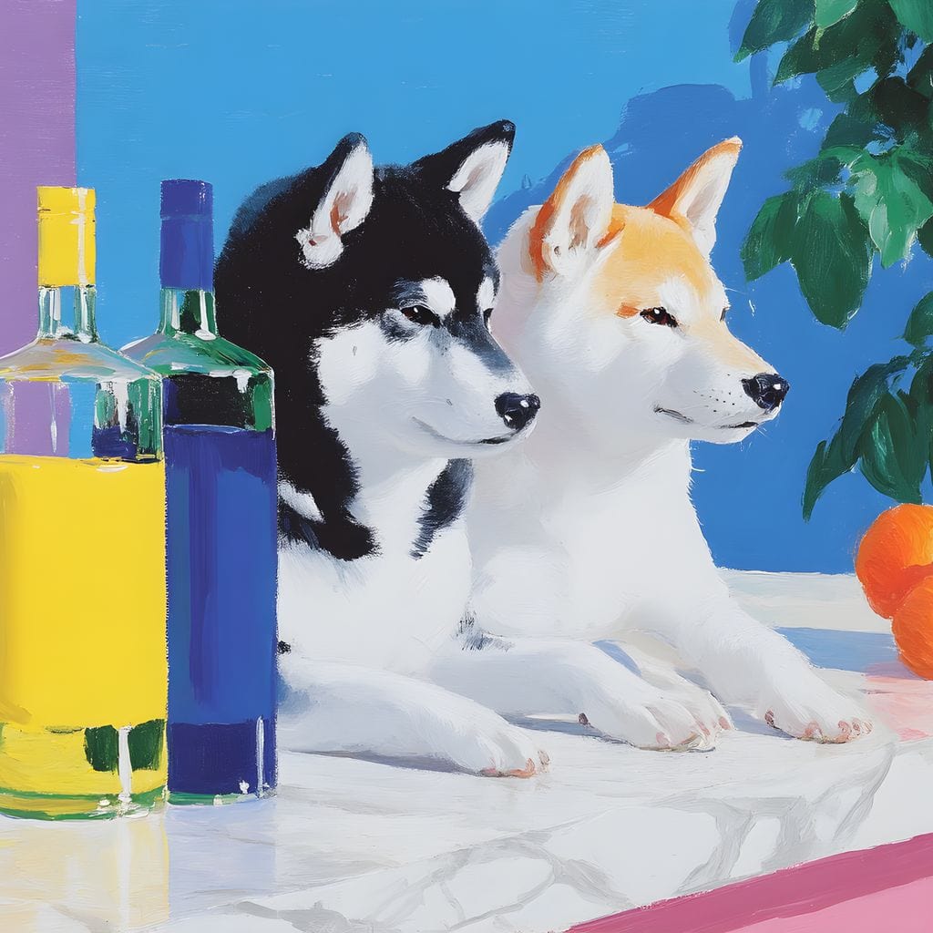 tablou canvas cu doi catelusi stilizati intr-un decor stil Pop Art, asezati la un bar alaturi de sticle colorate si fructe