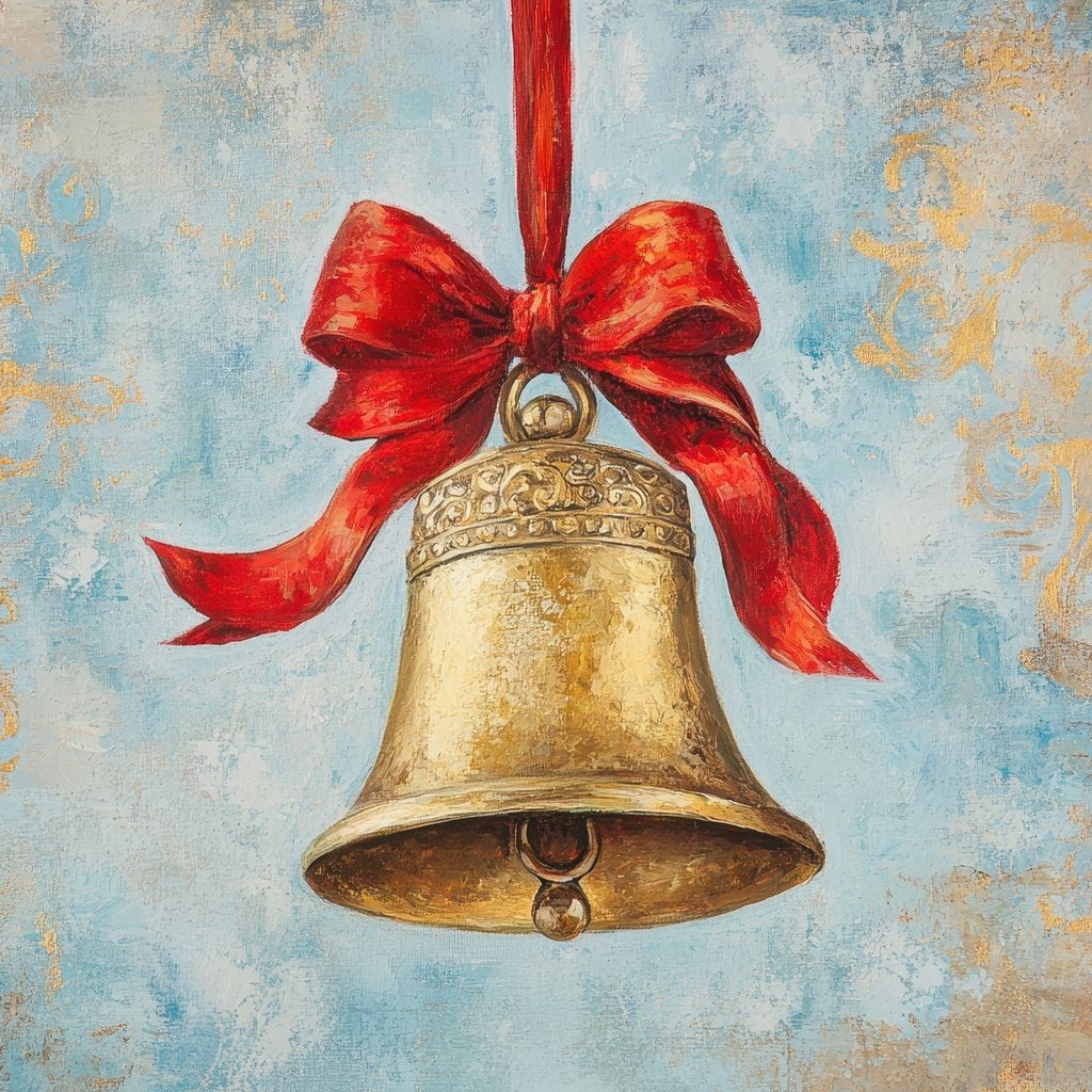 Tablou Canvas Premium LuxCanva® D1039, Clopotelul Muzical , Clopot, Brad, Decoratiune, Auriu, Muzical, Colindat, Living Room, Culori vibrante