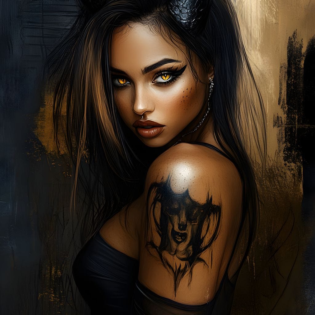 Tablou Canvas Premium, LuxCanva® G1192, Inger Intunecat,Portret, Dark, Fantasy, Coarne, Tatuaj, Aur, Negru, Rebela, Neamblanzita, Lumini, Umbre, Pericol, Birou, Living, Dormitor