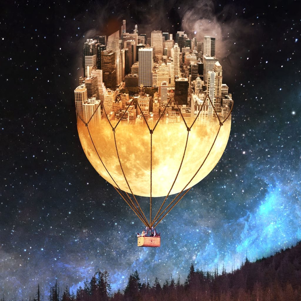 Tablou Canvas Premium, LuxCanva® O1016, Orasul care Zboara, Luna, Balon, Cosmic, Visare, Fantastic, Stele, Cer, Plutire, Suspendat, Univers, Oniric, Imaginar, Calatorie, Case, Birou, Living, Dormitor