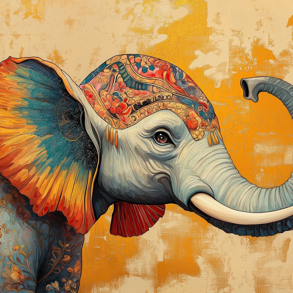 Tablou Canvas Premium, LuxCanva® M1316, Poveste din Orient, Floral, Armonie, Oriental, Etnic, Urechi, Elefant, Profil, Arta Murala, Abstract, Birou, Living, Camera Copil