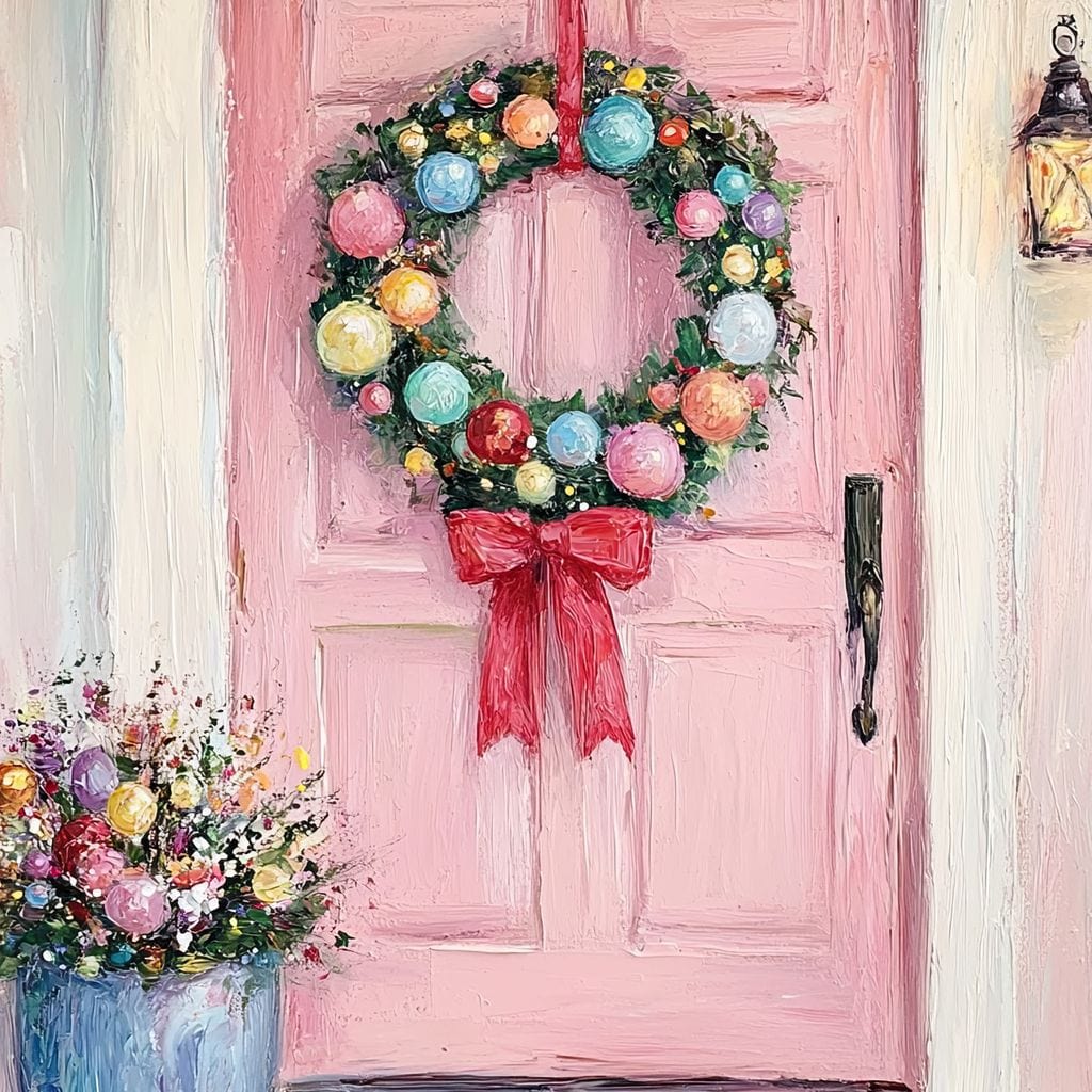 Tablou Canvas Premium LuxCanva® D1060, Bine ai Venit, Craciun , Coronita, Roz, Usa, Festiv, Craciun, Musafiri, Living Room, Culori vibrante