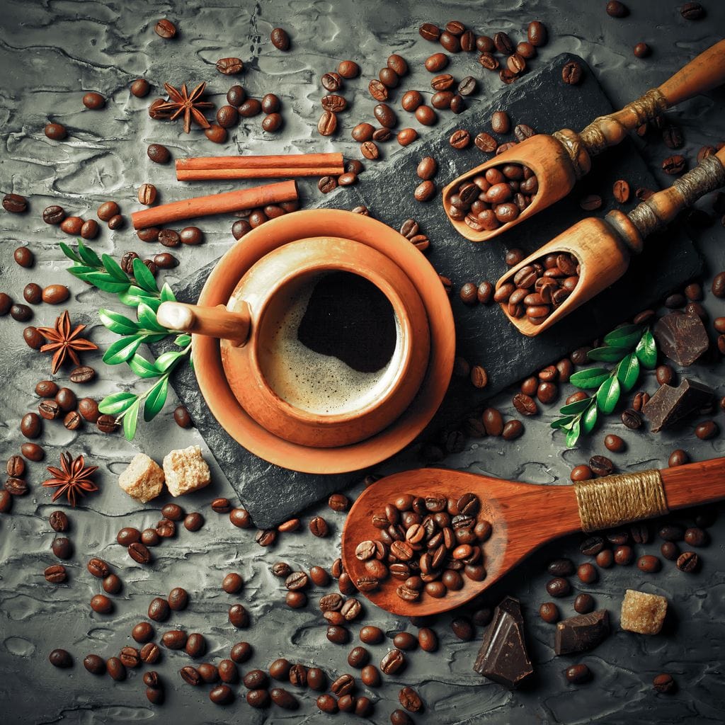 tablou canvas cu o ceasca de cafea pe o masa cu boabe de cafea si linguri de lemn