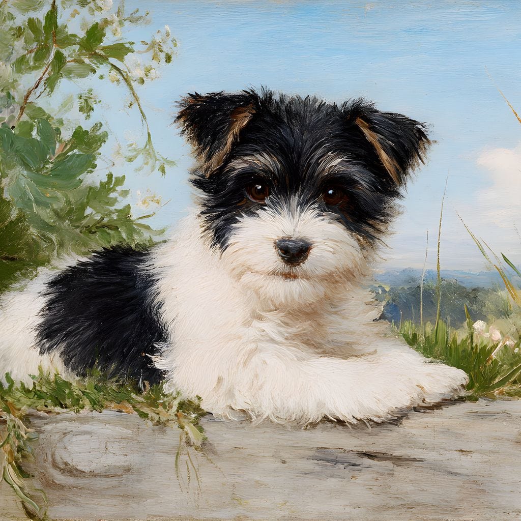 tablou canvas cu un catelus alb-negru, asezat intr-un decor natural cu frunze si iarba, pictat in nuante blande